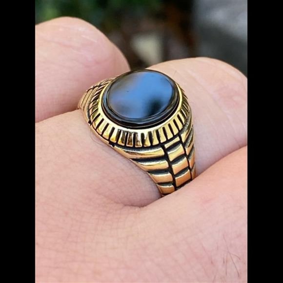 Mens 14k Gold Over Real Solid 925 Sterling Silver Black Onyx Round Signet Ring